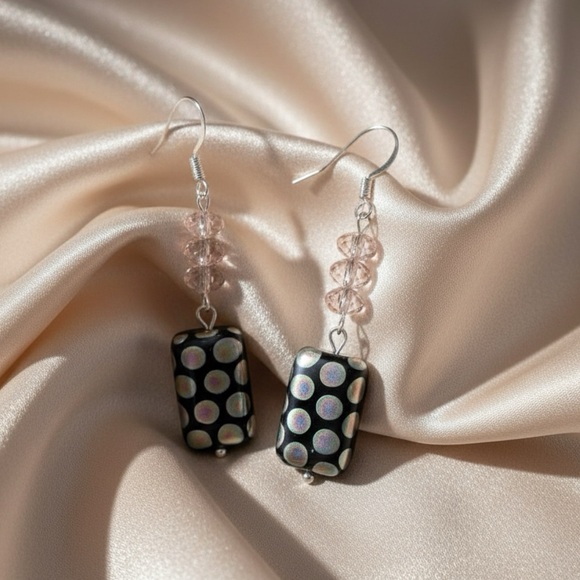 Earth Art hand crafted artisan Jewelry - Black Iridescent Dot Glass Drop Earrings Pink Crystal Sterling Silver